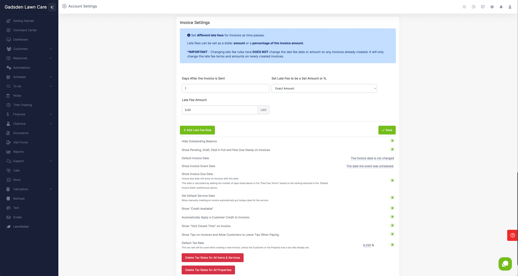 Add due dates, late fees are more to lawn care business invoices and estimates.
