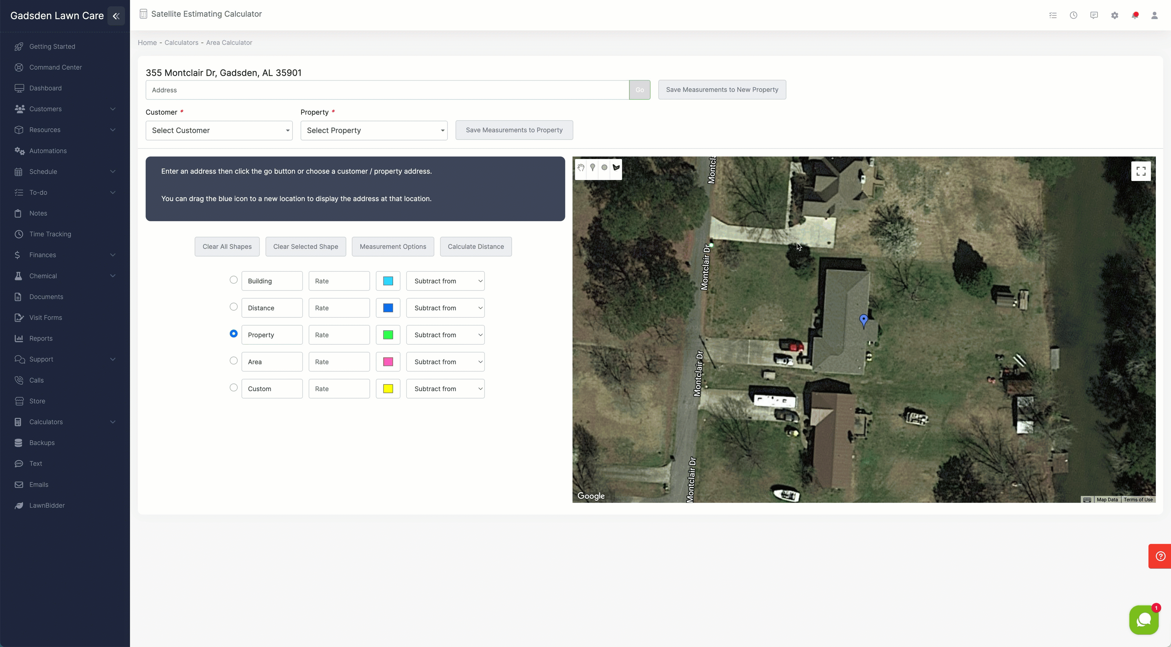 Satellite lawn care measuring tool for estimating