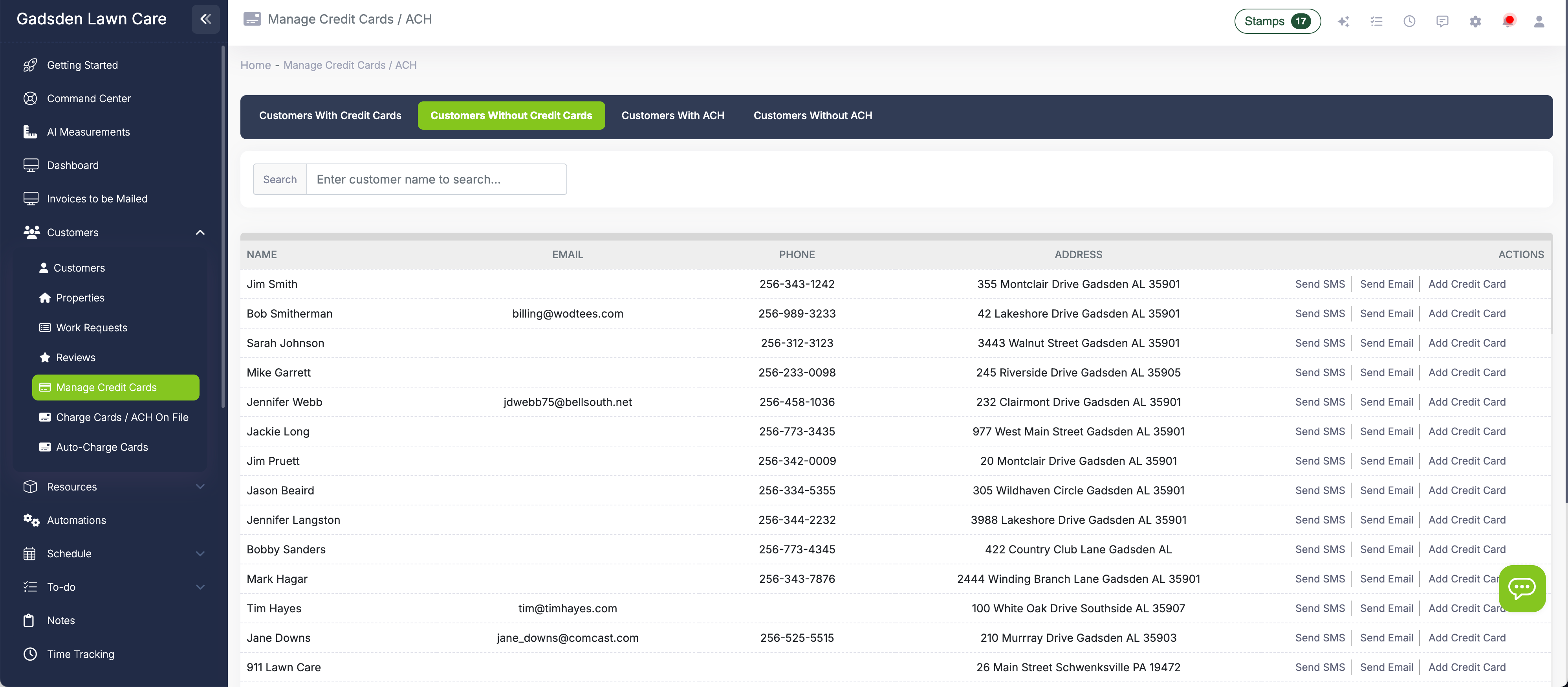 Customer profile showing credit card on file with option to add card directly or send request to customer