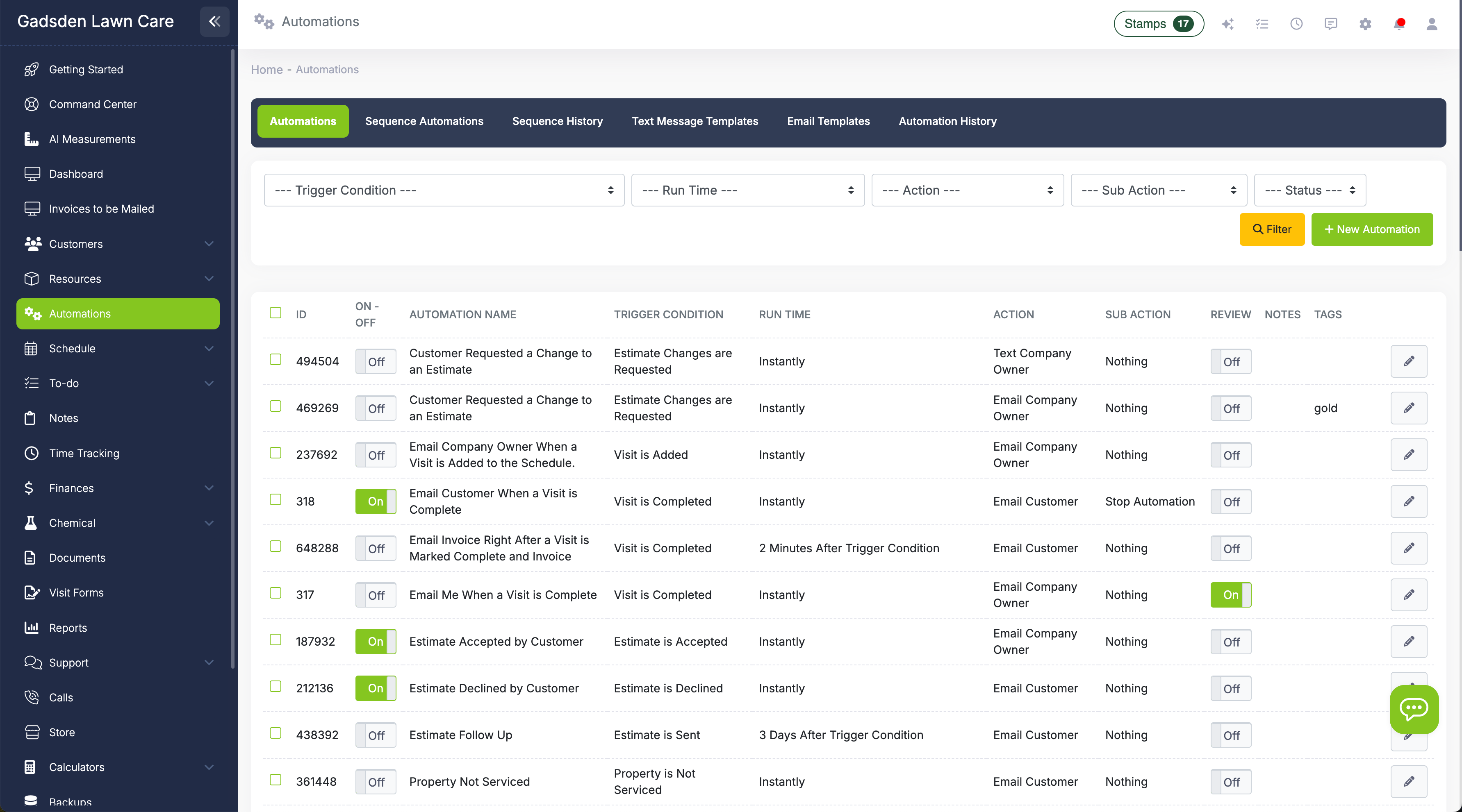 LawnPro workflow automations dashboard showing trigger conditions, run times, and actions