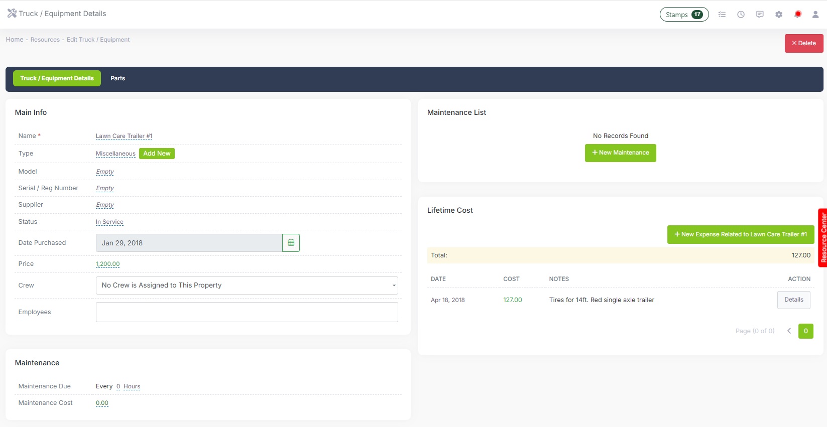 lawn care equipment maintenance tracking.