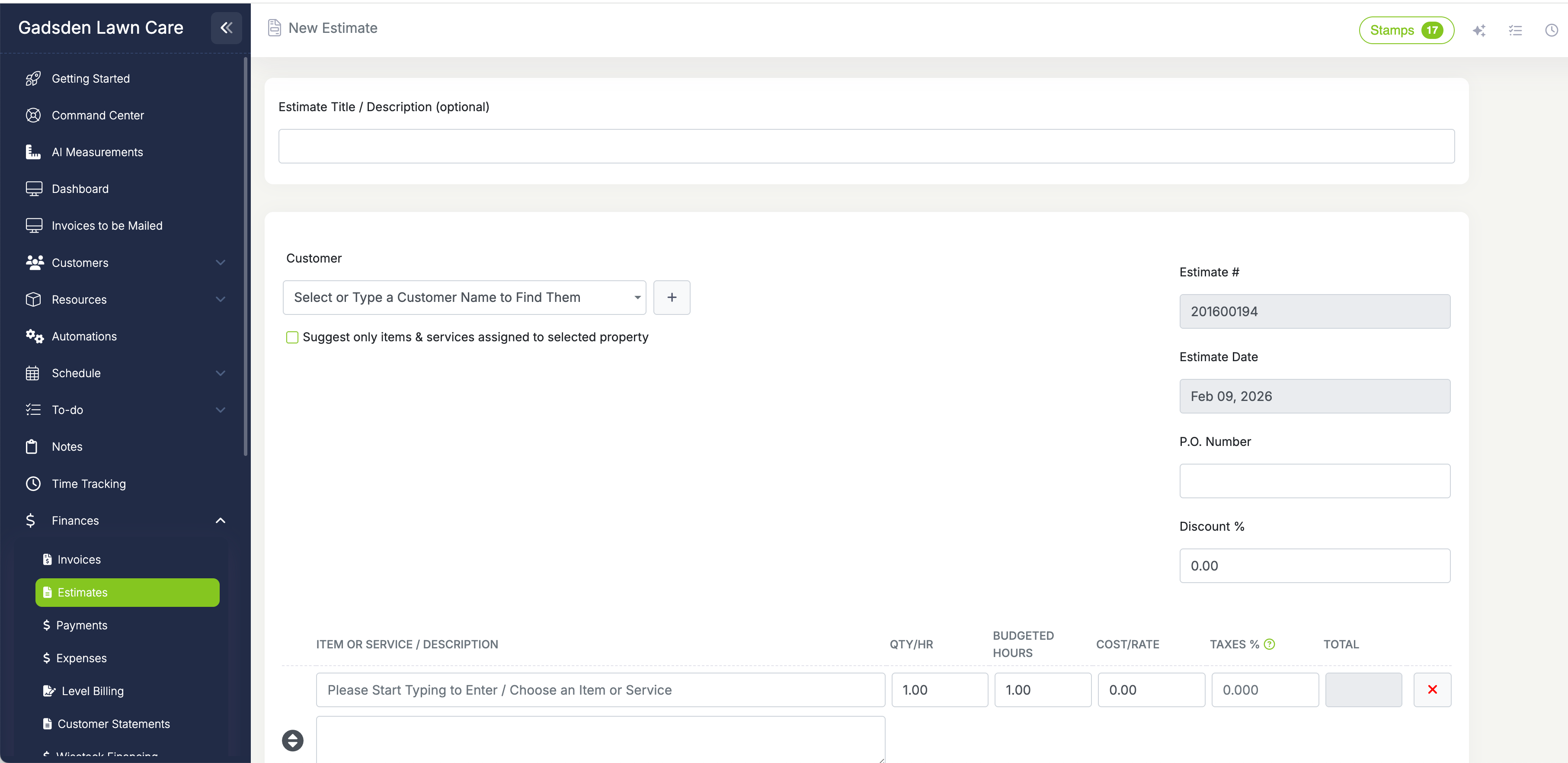Estimate builder with line items, optional services, photos, and internal notes