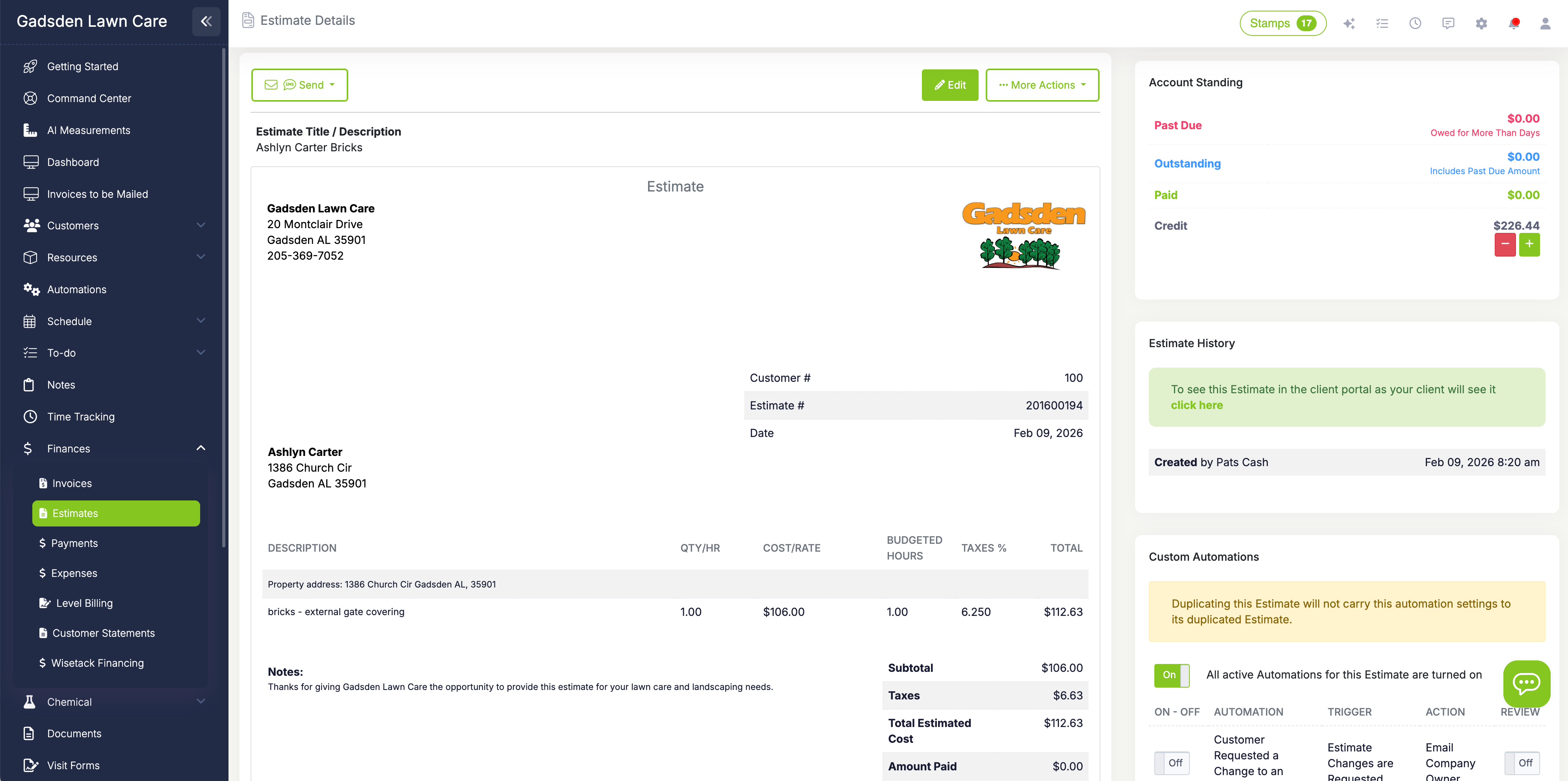 LawnPro estimate builder showing line items, optional services, and customer approval options