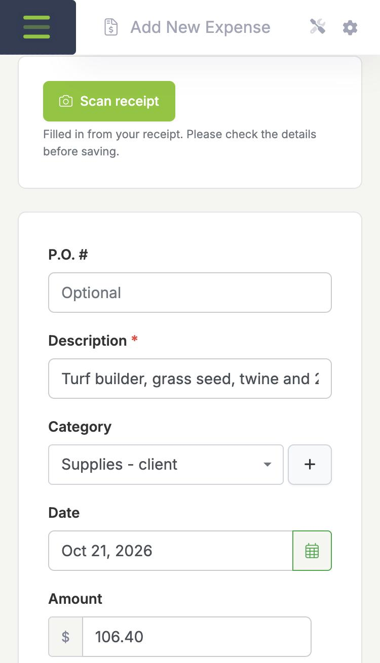 The LawnPro app on a phone after scanning a Lowe's receipt: description, category, date, amount and tax filled in automatically