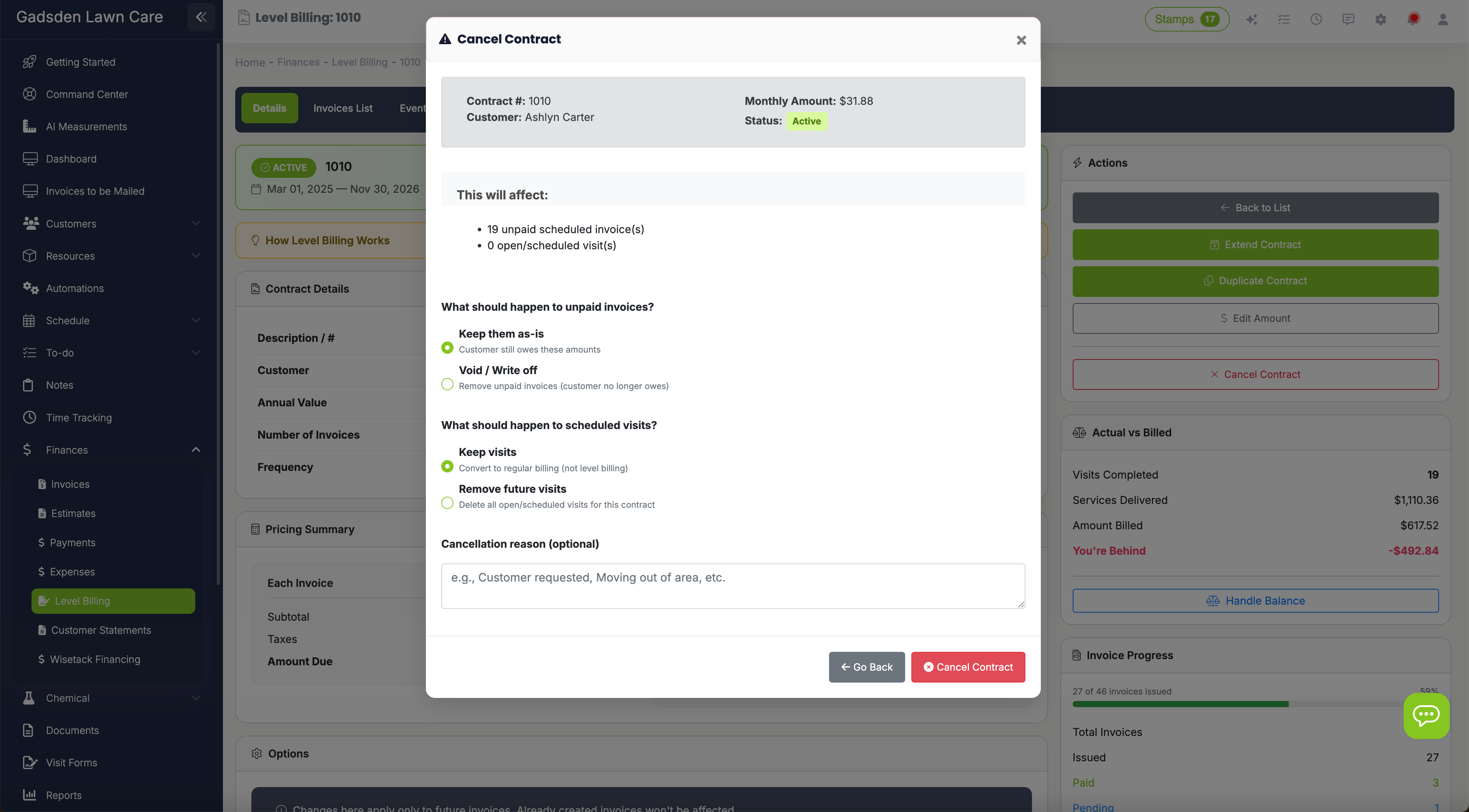 Contract reconciliation showing true-up options: issue credit, write off, or create final invoice