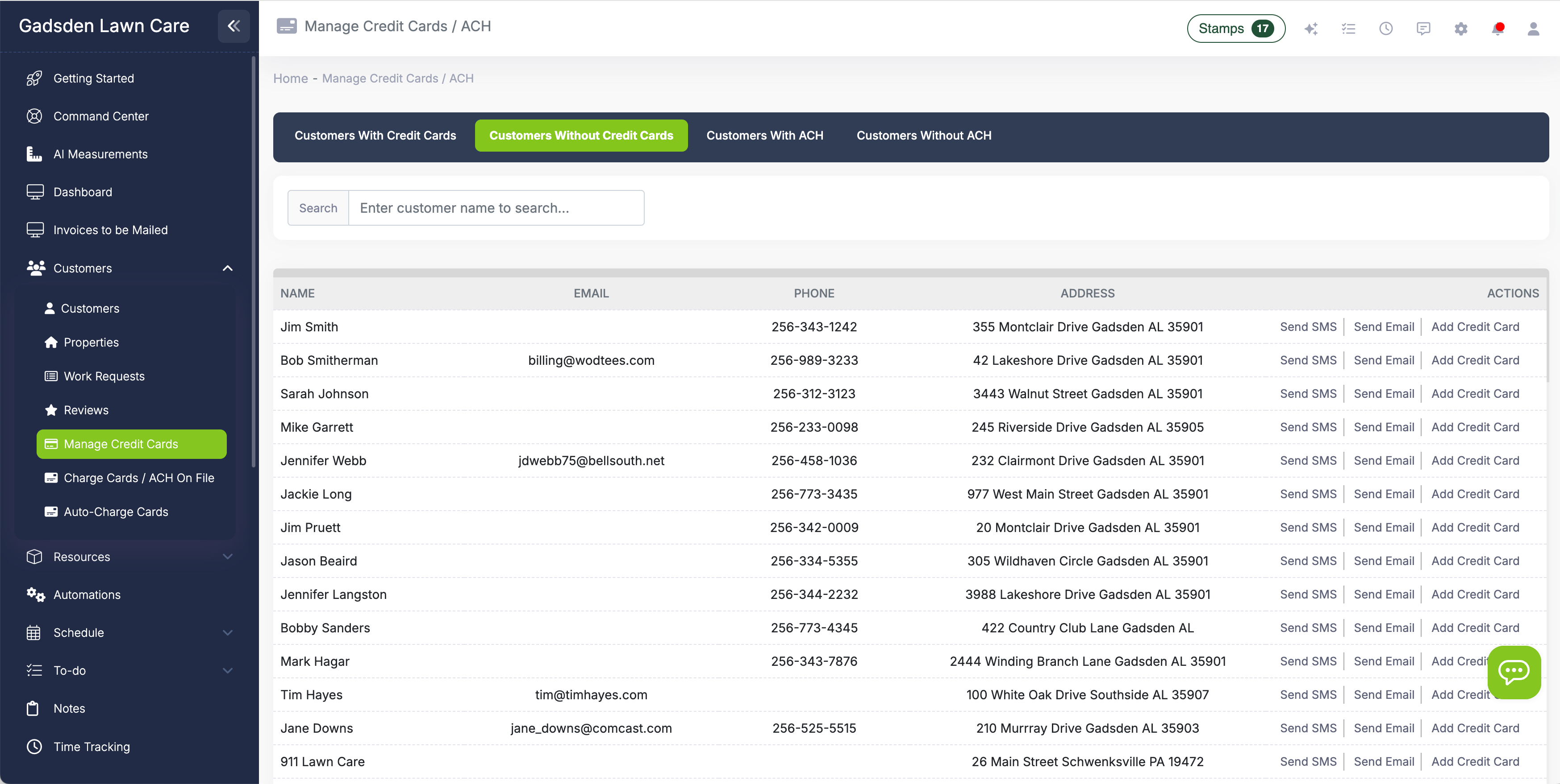 Manage credit cards dashboard showing customers with and without cards on file, with options to send card request