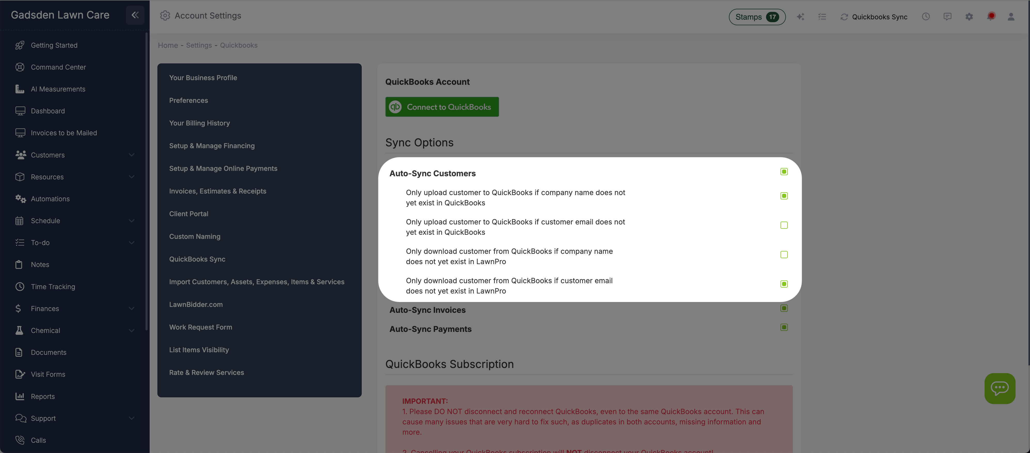 Customer sync settings showing two-way sync between LawnPro and QuickBooks Online with duplicate prevention options