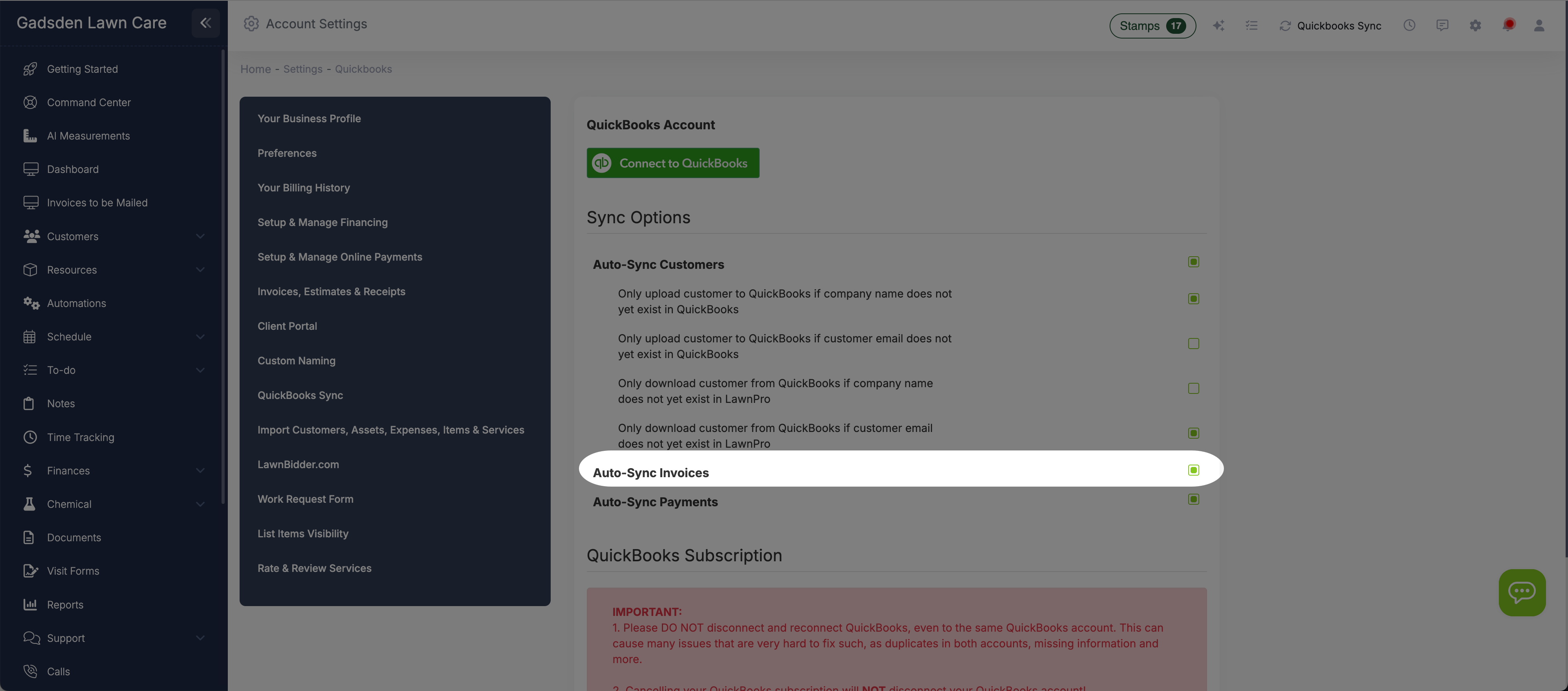 Invoice auto-sync showing invoices flowing from LawnPro to QuickBooks Online automatically