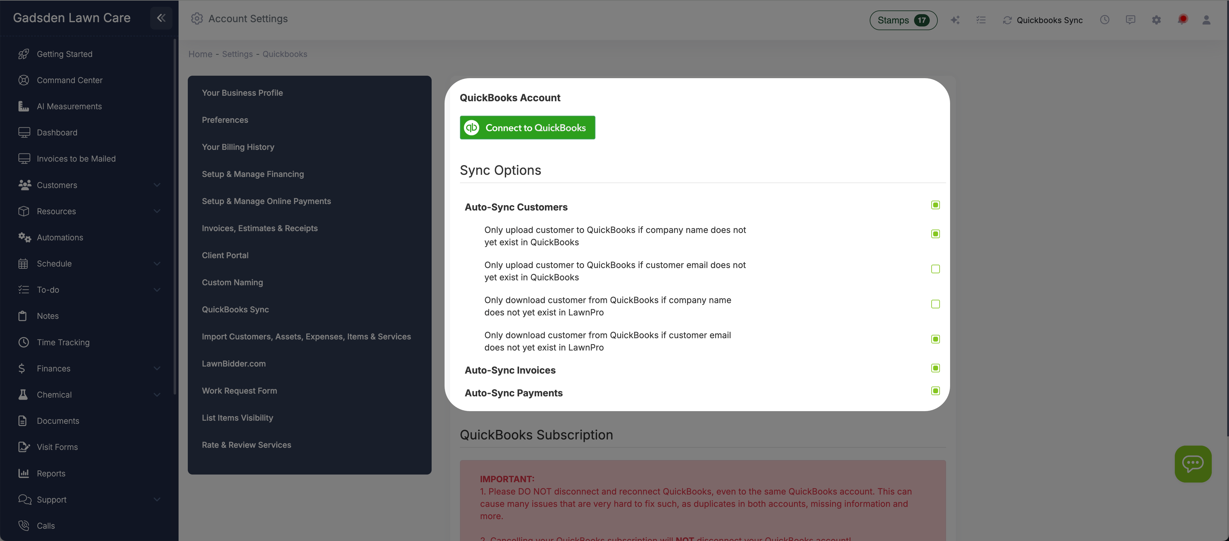 QuickBooks Sync settings panel with toggles for auto-sync customers, invoices, and payments plus duplicate prevention checkboxes