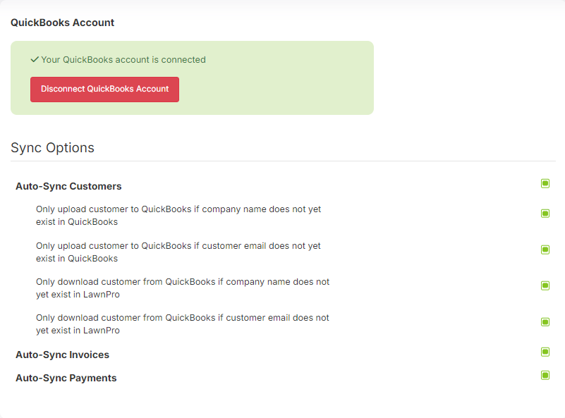 QuickBooks sync options and auto-sync settings in LawnPro