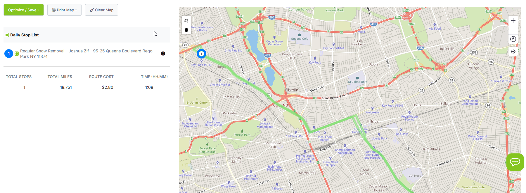 Map view with daily stops and print options