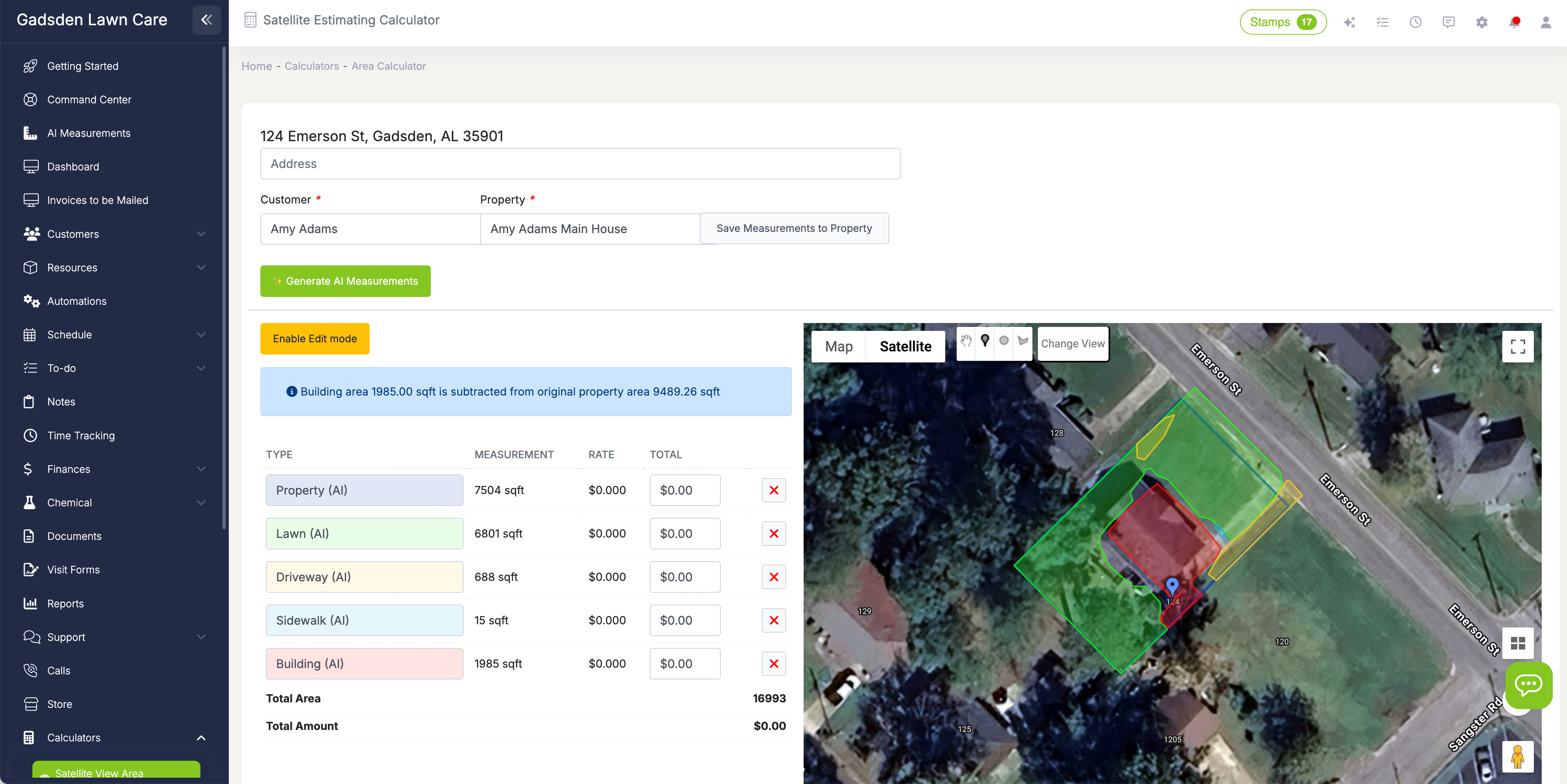 Satellite estimate calculator measuring property area with polygon tool on aerial imagery