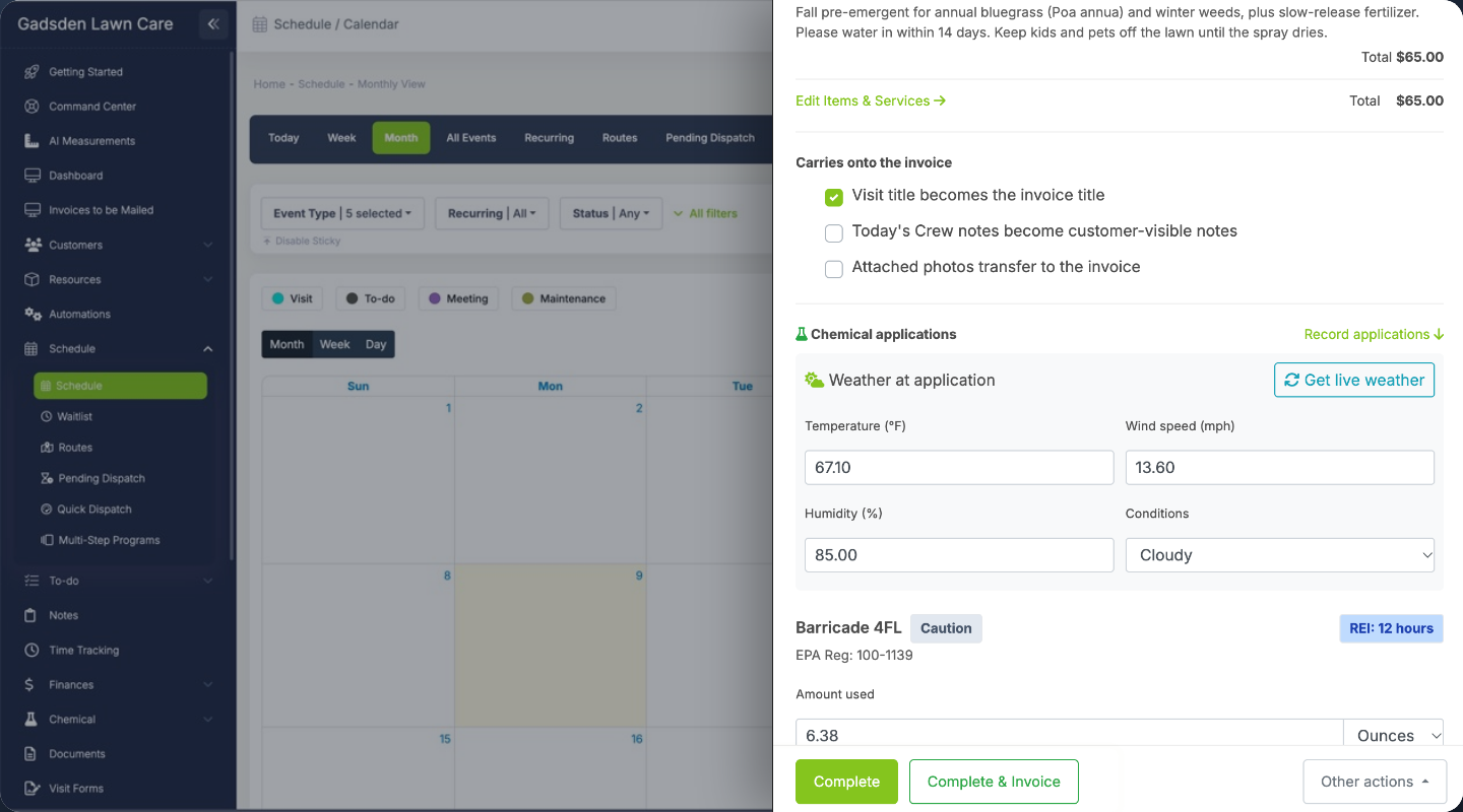 The visit slideout open over the calendar, with Complete and Complete & Invoice buttons
