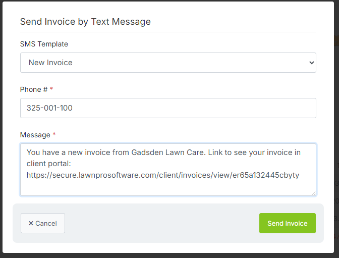 LawnPro SMS invoice sending screen with message preview and phone number input