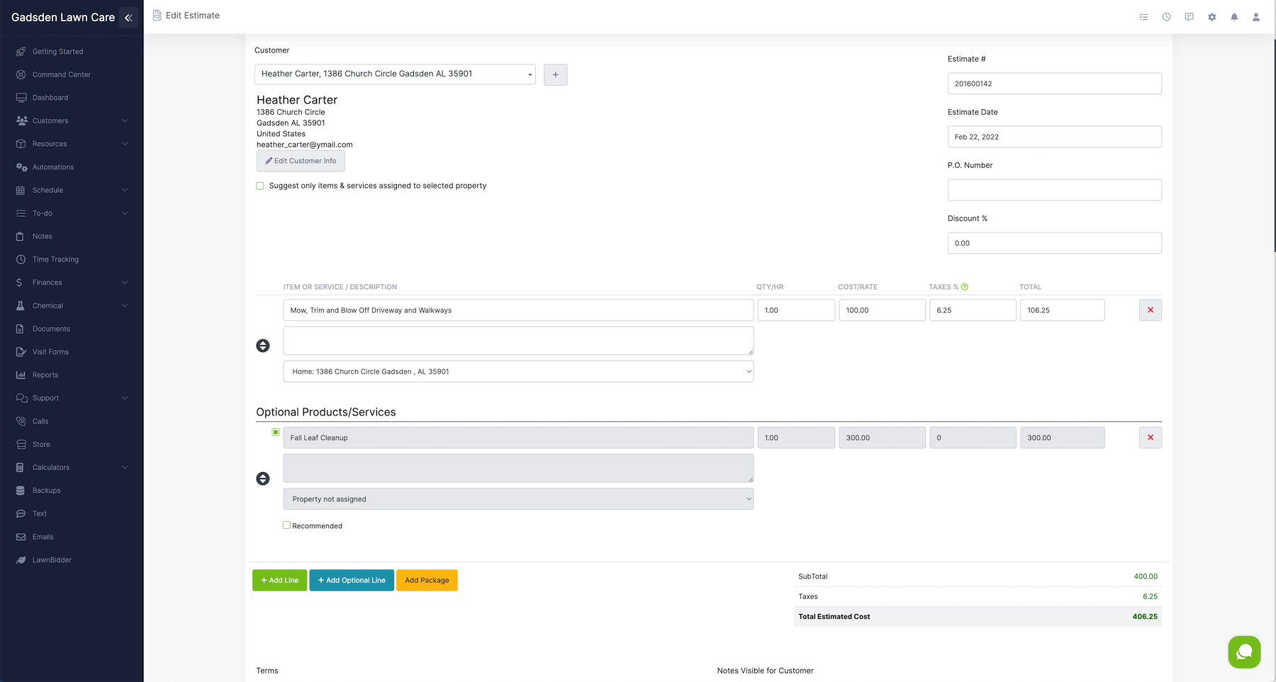 Lawn care business invoices and estimates.